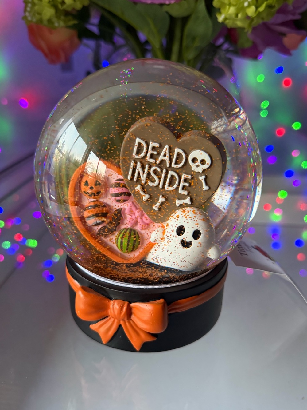 Ghost dead inside treat box Snow Globe orange bow Halloween decor